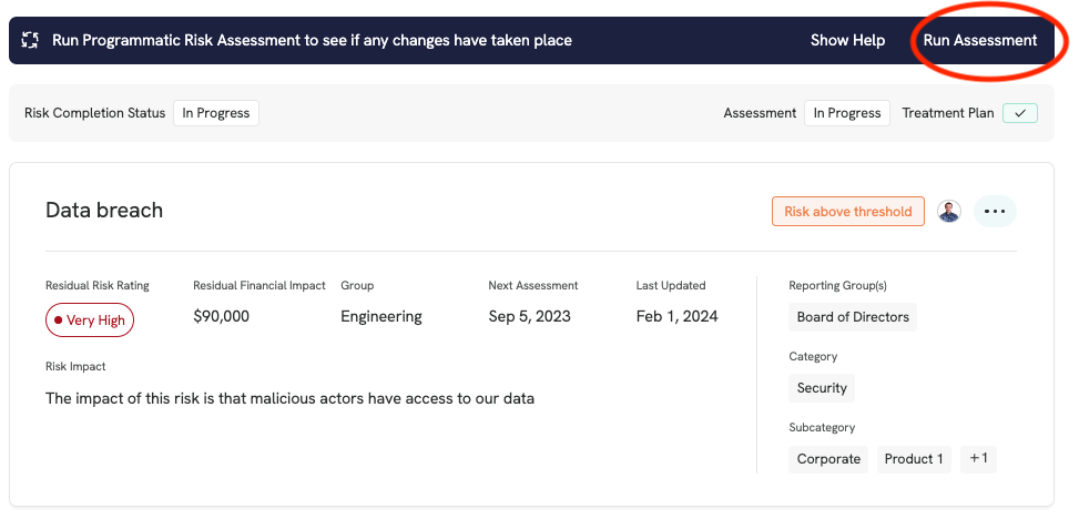 RiskRegister run assessment
